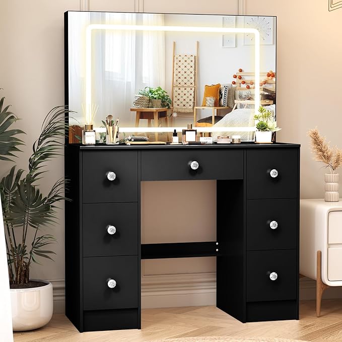 Black Vanity Desk with Large Mirror and Lights, 39.4''W Makeup Vanity with 3-Color Light Adjustable Brightness, 7 Drawers & Open Shelves, Big Vanity Desk for Bedroom, Girls & Women, 3429LED