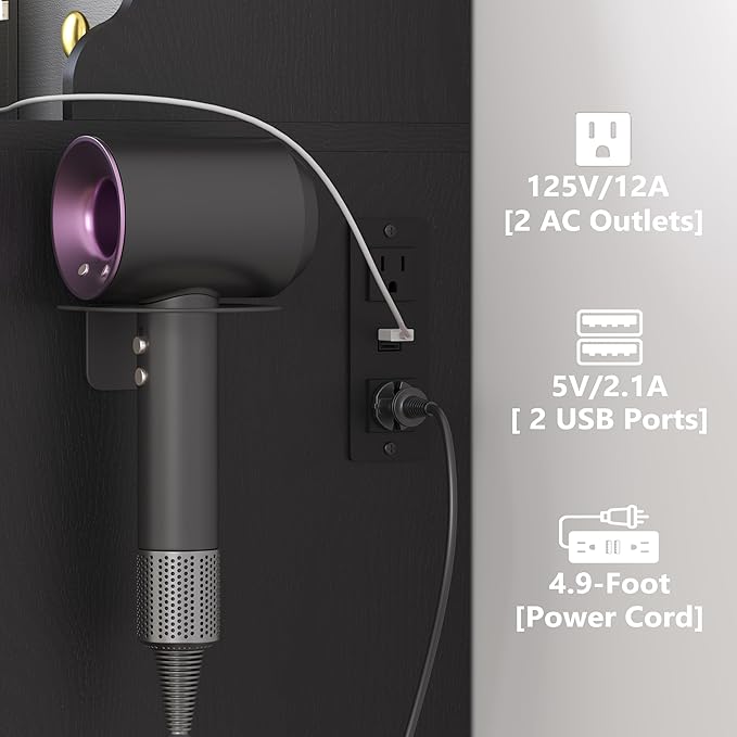 Makeup Vanity Desk with Mirror and Lights, 41" Black Vanity Set with 5 Drawers & 4 Glass Cabinets, Power Outlet & Adjustable LED Lights, Dressing Table for Women & Girls Bedroom