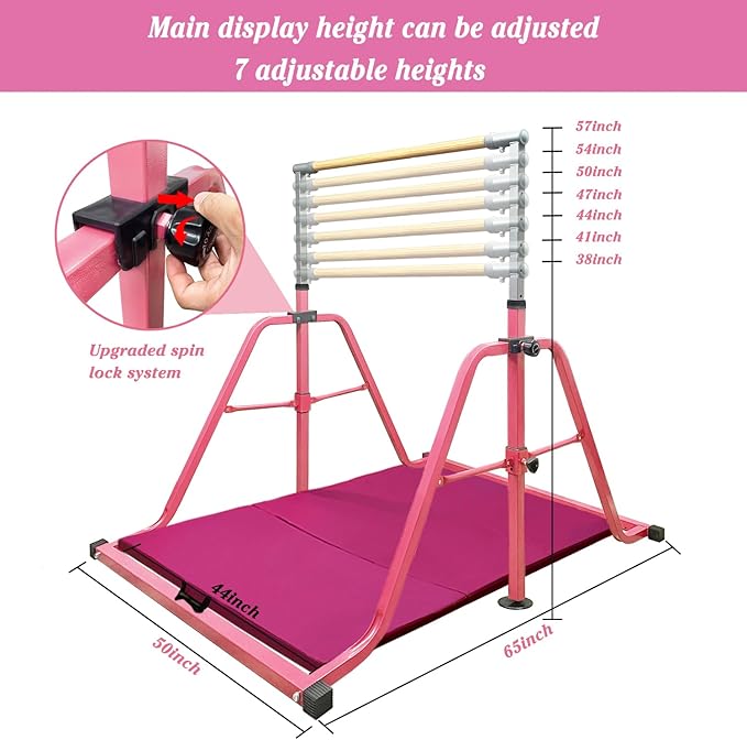 Foldable Gymnastics Kip Bar,Horizontal Bar for Kids,No Wobble Gym Equipment for Home Indoor,3' to 5' Adjustable Height,Gymnasts 1-4 Levels,300 lbs Weight Capacity