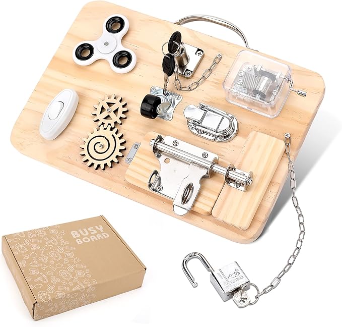 Wooden Montessori Toys Busy Board for 1 2 3 4 Year Old, Baby Toddler Sensory Toys, for Fine Motor Skills, for Autism ADHD