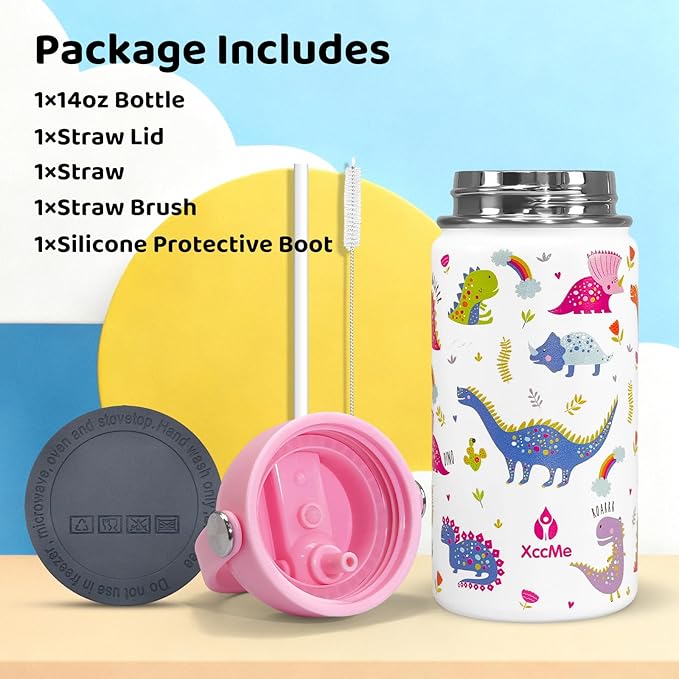 Dinosaur Kids Water Bottle With Straw Lid,14 oz Stainless Steel Travel Bottle,Double Wall Leak Proof Kids Cup,Insulated Tumbler for Toddlers,Pink Metal Bottle for School Boys Girls