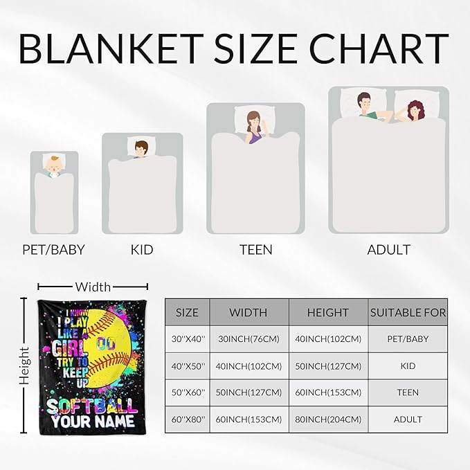 Personalized Softball Stuff for Girls - 30x40 Inches Softball Throw Blanket for Kids - Black Warm Lightweight Blankets for Sofa, Lap & Office