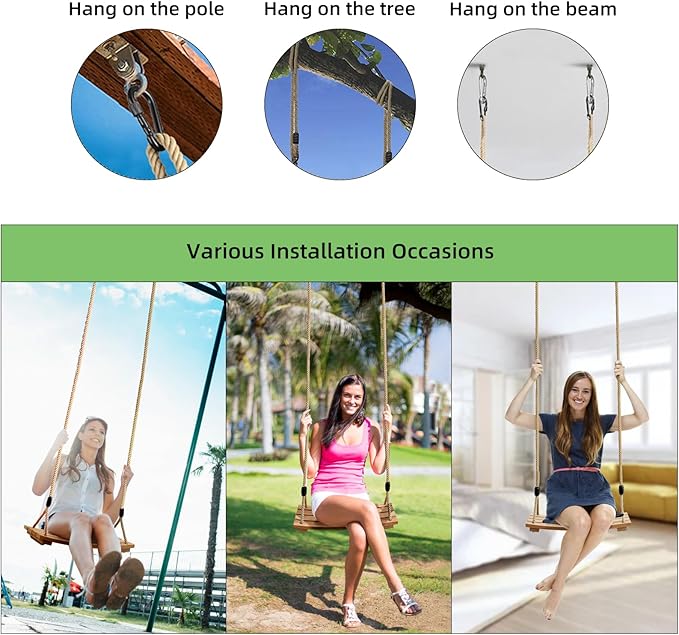 PELLOR Beech Wood Tree Swing Seat Hanging Swing Seat 16.5"x 7.9"x 0.6", Adjustable Rope Tree Swings Set for Kids Children Swings Chair Indoor and Outdoor Garden Play