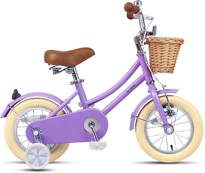Glerc Little Molly 12-20 Inch Kids Retro Cruiser Bike for 2-13 Year Old with Wicker Basket & Training Wheels/Kickstand, Multiple Colors