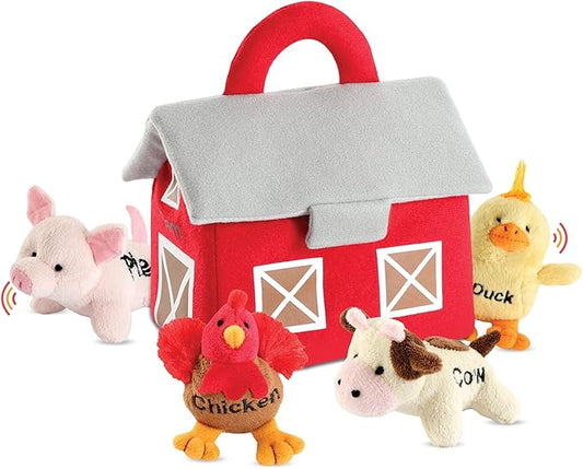 Bundaloo Plush Farm Animal Toys with Realistic Sounds - Plushie Play Set with Barn Carrier