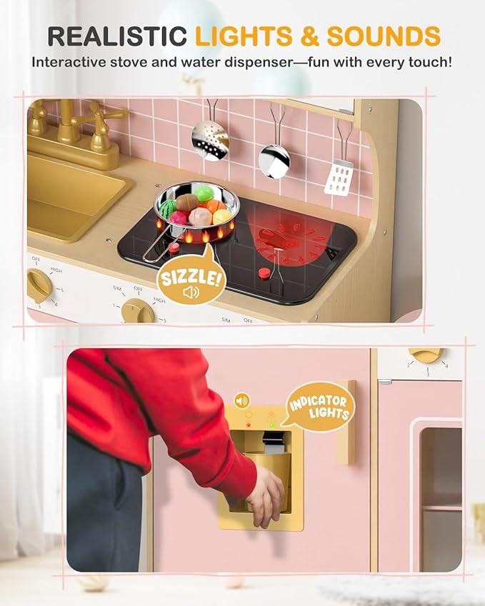 Babytronic Wooden Kitchen Playset for Kids - Pink Pretend Play Kitchen with Lights & Sounds, Retro Style Toy Kitchen for Toddlers Ages 3+, Wooden Play Kitchen Set with Realistic Design (Pink)
