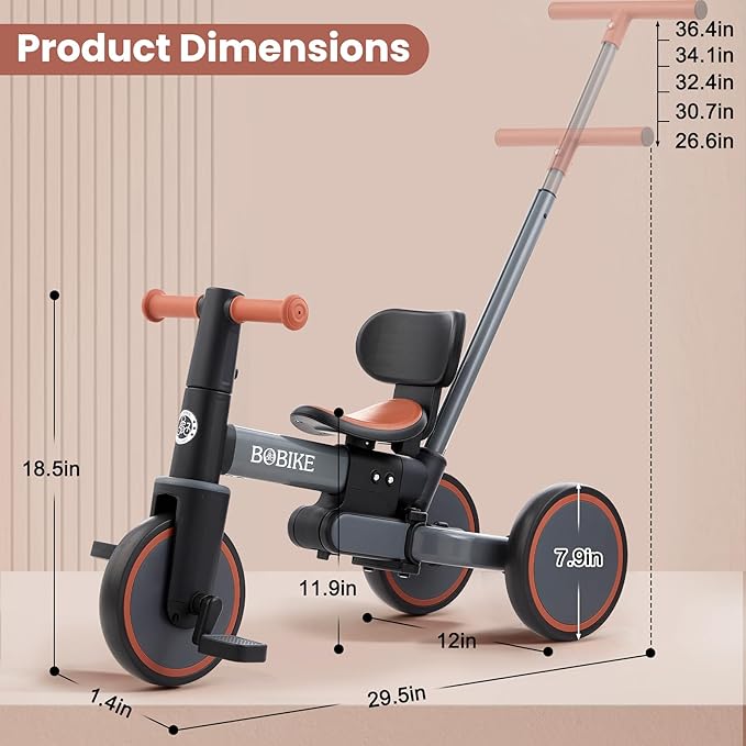 5-in-1 Tricycle for Toddlers 18 Months to 5 Years Old, Toddler Bike, Kids Tricycle with Push Handle and Backrest, Toddler Balance Bike with Easy Assembly for Boys and Girls. (Grey)