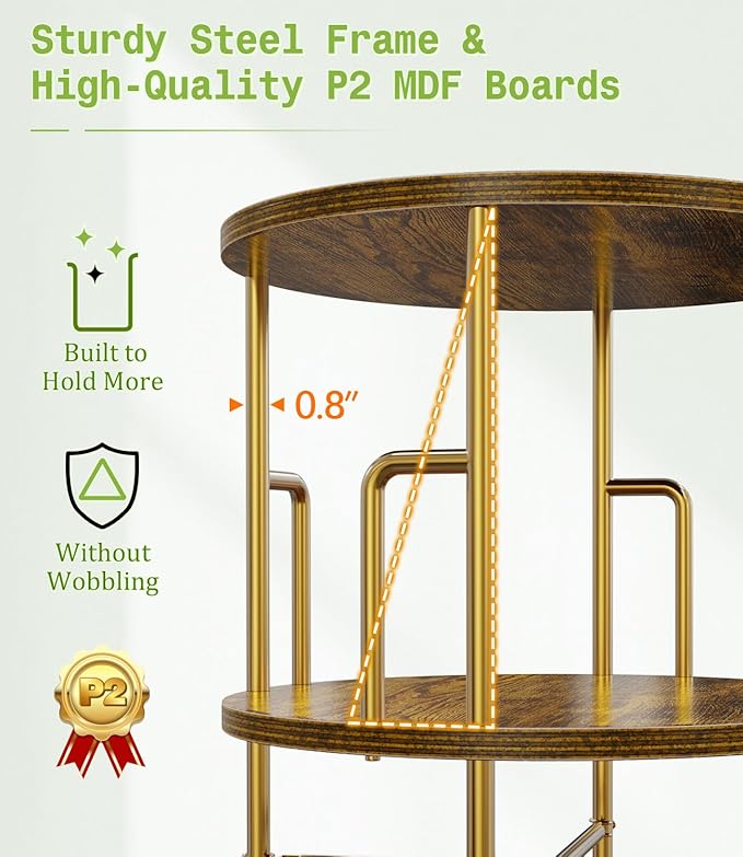 4 Tier Rotating Bookshelf Tower Round Gold,50” Floor Standing Spinning Bookshelf Tower Anti-Tipping Design,Metal & Wood Revolving Bookcase Stackable Space Saving for Small Spaces,Study,Living Room