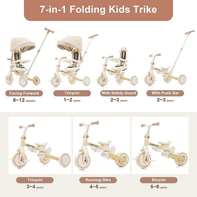 7 in 1 Baby Tricycle Stroller for Toddlers Ages 1Y-6Y Adjustable Push Handle Rotatable Seat Retractable Canopy