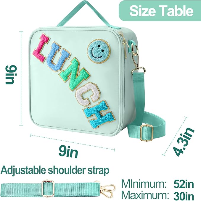 Insulated Lunch Bag With Adjustable Shoulder Strap, Nylon Preppy Lunch Box Large Insulated Lunch Bag Reusable Lunch Tote Bag with Smiley Preppy LunchBag for Girls School Travel Picnic (Green)