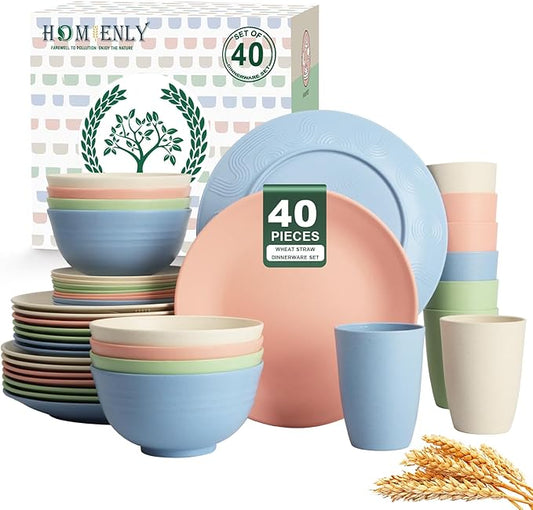 Homienly 40-Piece Dinnerwave Sets, Service for 8, Wheat Straw Dinnerware Set - Plates and Bowls Set with Cups, Lightweight Microwave and Dishwasher Safe Dish Set for Dinner, Outdoor - Multi Light