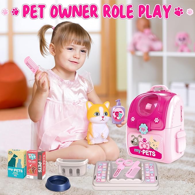 Shemira Toys Gifts for 1 2 3 4 5 6 Year Old Girl, Toddler Girl Toys, Pet Care Pretend Toys for Kids, Pet Care Playset for Kids with Toy Cat & Storage Backpack