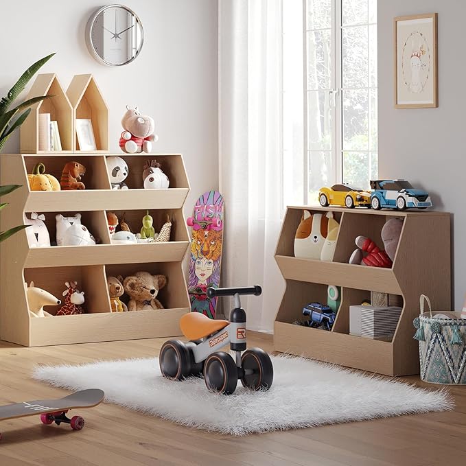 DINZI LVJ Kids Bookshelf, Toy Storage Organizer, Wooden Toy Cabinet, 4 Cubby Children Bookcase, 35.4" L Toddler Book Shelf for Living Room, Playroom, Nursery, Hallway, School, Natural