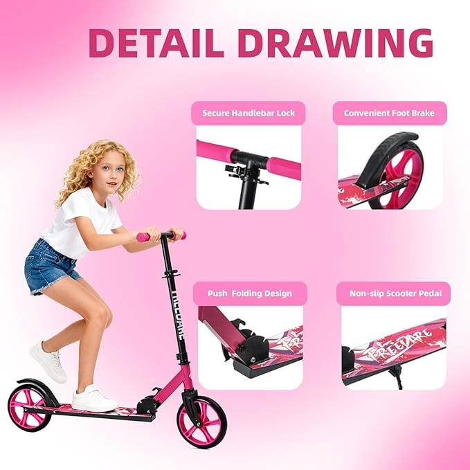 FREEDARE Kick Scooter for Kids & Adults Ages 8+, Foldable Teen Scooter with 2 Big 8-inch Wheels and 4-Level Adjustable Handlebar, Max Load 220 LBS
