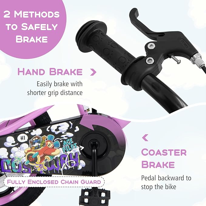 BABY JOY Rabbit Pilot Sporty Kids Bike, 12 14 16 18 Inch Child Bike for 3-8 Years Old with Adjustable Height, Training Wheels, Storage Basket, Handbrake & Coaster Brake, Kids Bicycle for Girls Boys