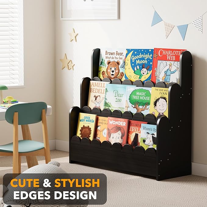 SpaceAid 3-Tier Scalloped Bookshelf, Montessori Bookcase for Toddlers, Wooden Book Shelf Organizer Display Furniture for Kids Rooms, Playroom, Nursery and Classroom, Black