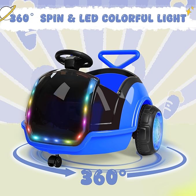 ANPABO 3-in-1 Electric Push Ride On Car, 12V Kids Ride On Toy w/Remote Control, 360° Spin, 5-Point Safety Belt, Colorful LED Light, Music Player, Push Car for Toddler Ages 1-3 (Blue)