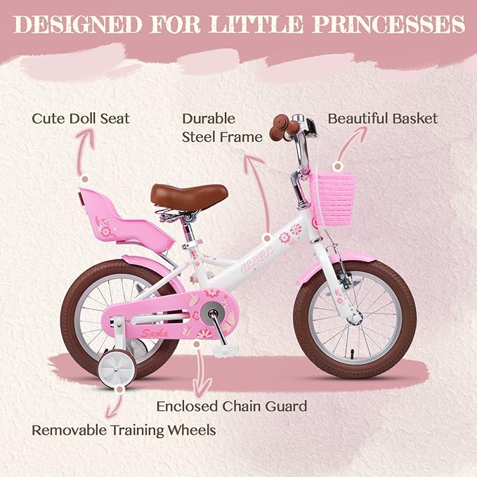Glerc Sasha Girls Bike, 12-20 Inch Kids Bike for Children Ages 2-13 Years, Kids Bicycle with Doll-Seat & Basket & Training Wheels, Multiple Colors