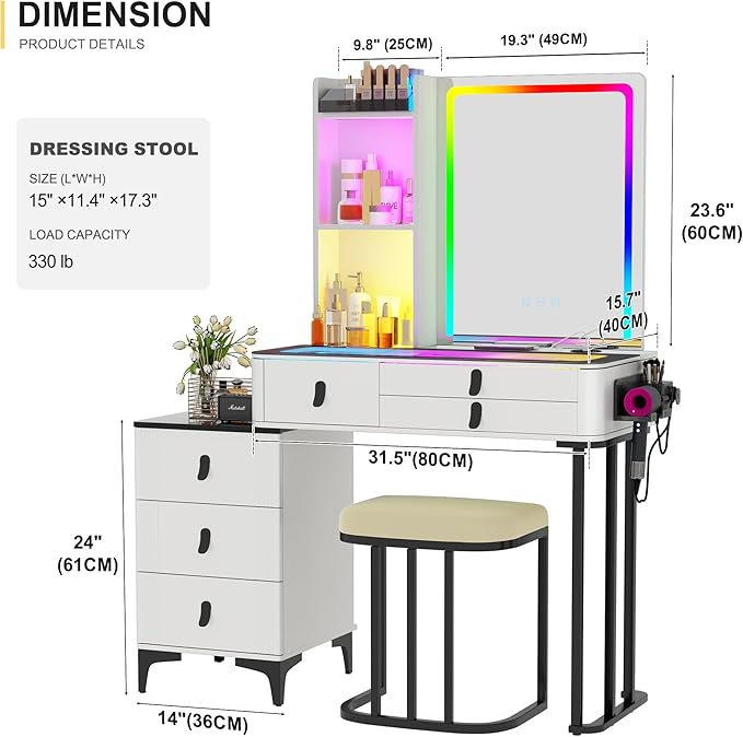 HNEBC Vanity with LED Mirror, Glass Top Dresser with Wireless Charging Station for Bedroom, Small Makeup Desk with 6 Drawers, Girls Dressing Table with Auto RGB Lighted for Christmas (85011-White)