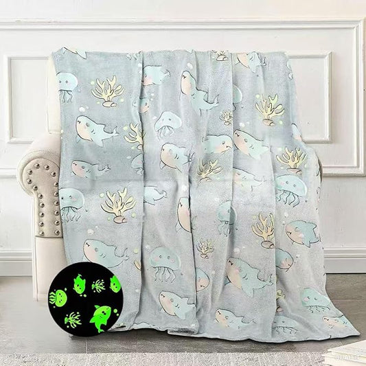 Glow in The Dark Blanket Shark Pattern for Unique Birthday Gifts for Girls Boys Teens, Lightweight Soft Cozy Warm Fuzzy 50"×60" Blue