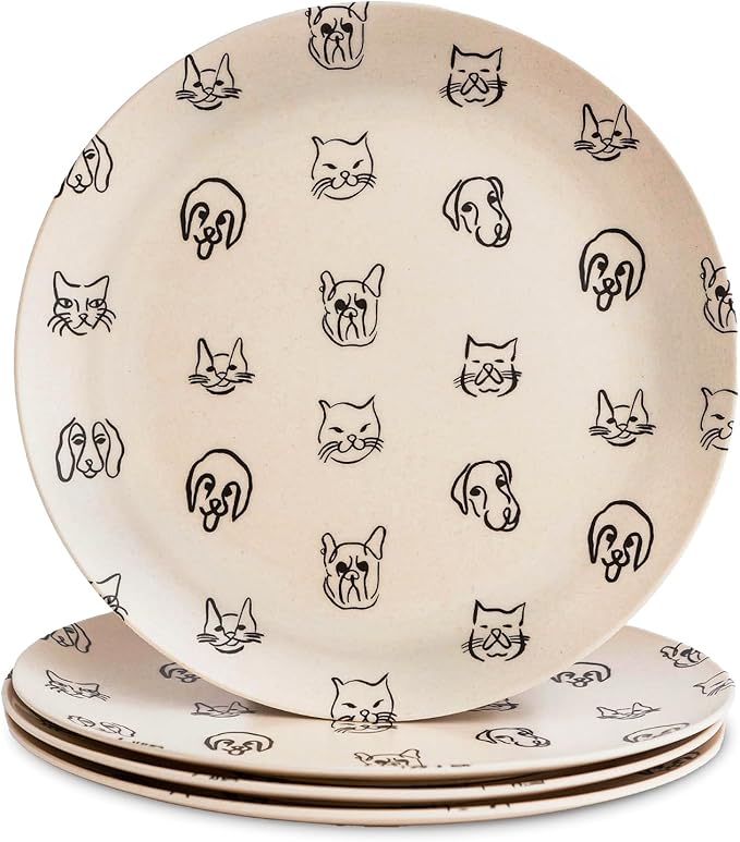 Nook Theory 4 Pack Reusable Bamboo Plates - Non-Toxic Toddler and Kids Plate, Dishwasher Safe, Not Microwavable Dinnerware (Catdog 10")