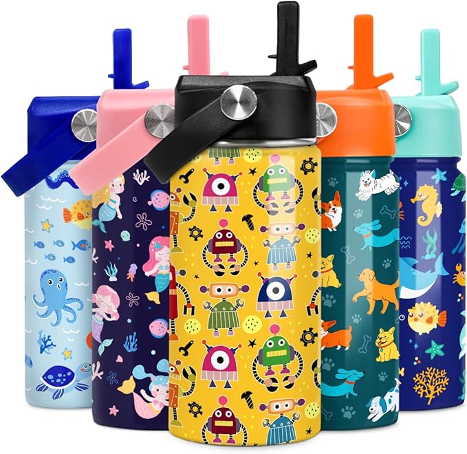 Kids Water Bottle with Straw Robot Insulated Water Bottles 12oz Stainless Steel Travel School Tumbler Double Wall Vacuum Cup for Boys Kid