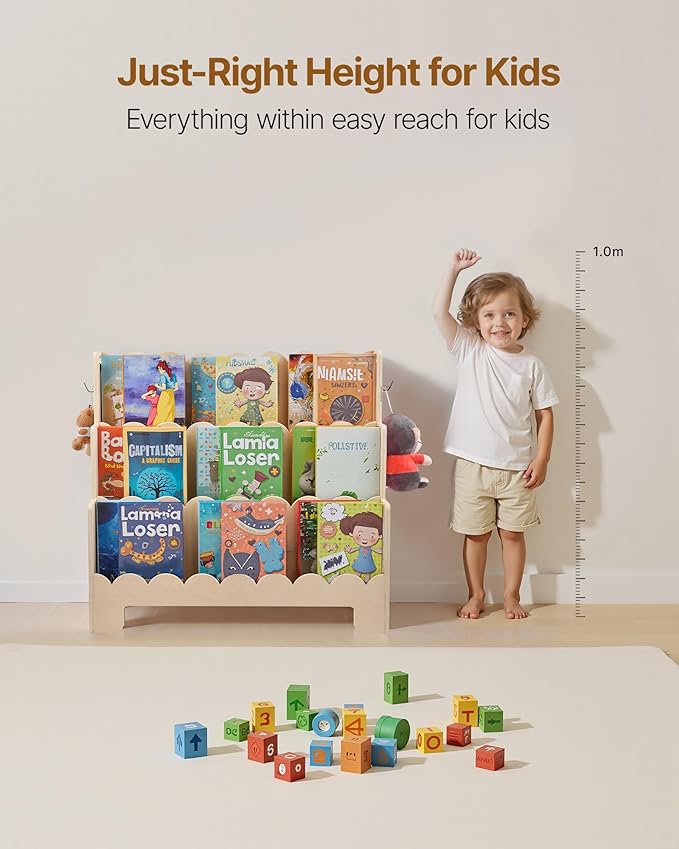 VEVOR 3-Tier Montessori Bookshelf, Scalloped Kids Bookcase, Wooden Book Shelf with 2 Dual Hooks, Daycare Furniture Display Bookshelf for Bedroom, Living Room, Entryway, Nursury, Preschool