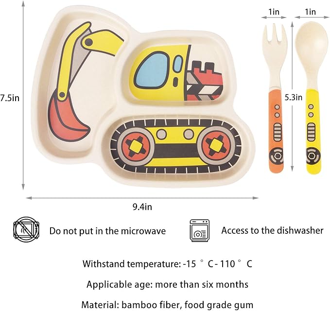 Kids Plates Set, Included Plate Fork and Spoon 9-Piece Set - Toddler Plates Dinnerware Dinner Dish Set Baby Feeding Divided Plate - Child Portion Control Trays (Excavator+Bulldozer+Hook Truck)