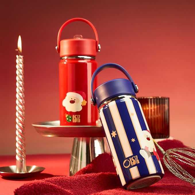 OISIZ Christmas Water Bottle for Kids,14oz Insulated Cup with Straw Lid,316 Stainless Steel Bottles for School,Insulated Tumbler for Holiday Gifts for Kids,Keep Cold for 24 Hours