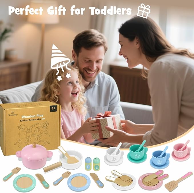 Wooden Toy Plates and Dishes for Kitchen Set, 30PCS Montessori Play Kitchen Accessories for Toddlers with Toy Pots and Pans, Wooden Play Cooking Set for 3-8 Years Girls & Boys