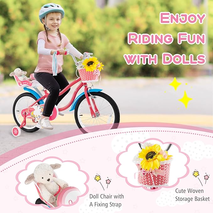 BABY JOY Kids Bike, 12 14 16 18 Inch Children Bicycle w/Detachable Training Wheels, Storage Basket, Adjustable Seat & Handlebar, Bow or Streamer, Girls Bike for 3-8 Years Old