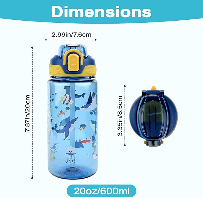 Kids Water Bottle for School or Travel, 20 Oz Durable Plastic Water Bottle with Silicone Straw and Pop-Up Spout Cover, BPA Free & Dishwasher Safe(Ocean Animals)