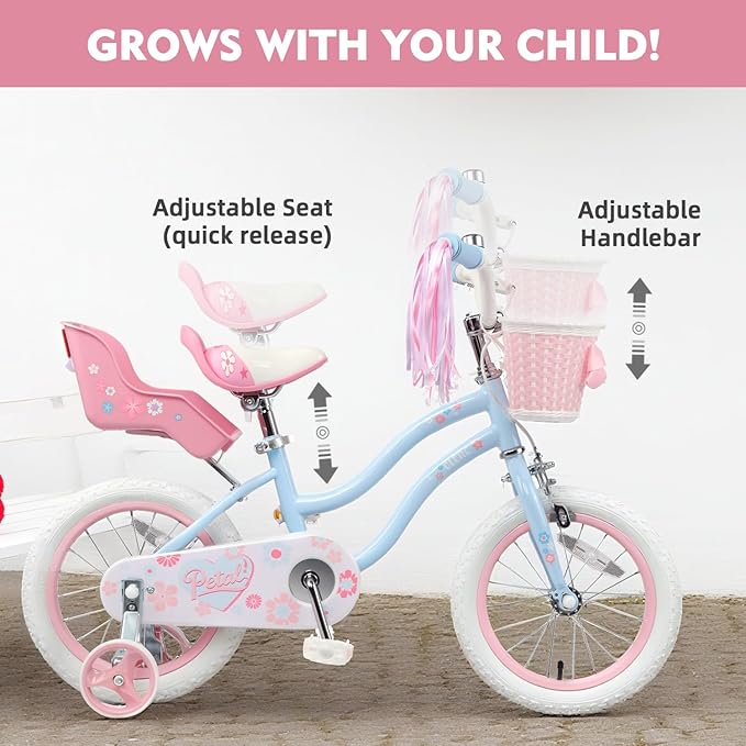 Glerc Petal Girls Bike, 12-18 Inch Kids Bike for Ages 2-9 Years Old Children, Princess Style Kids Bicycle with Training Wheels & Basket & Streamers, Multiple Colors