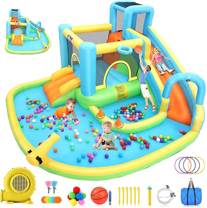 AKEYDIY Kids Bounce House with Long Slide,Ball Pit,Climbing Wall, Large Water Park W/GFCI Blower,Adventure Slide Park Inflatable Water Park for Kids Indoor Backyard