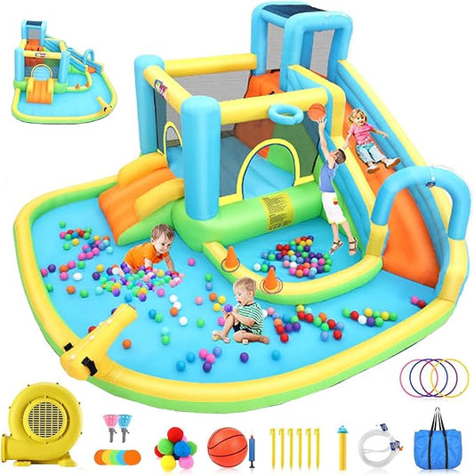 AKEYDIY Kids Bounce House with Long Slide,Ball Pit,Climbing Wall, Large Water Park W/GFCI Blower,Adventure Slide Park Inflatable Water Park for Kids Indoor Backyard