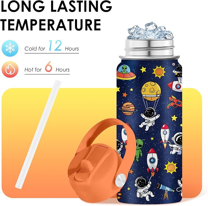 Space Astronomy Gifts for Kids - 16 Oz Kids Water Bottle with Straw Lid, Stainless Steel Insulated Tumbler, Leak Proof, BPA-Free, for Boys, School, Travel - Universe Children Birthday Gifts Cups(1pc)