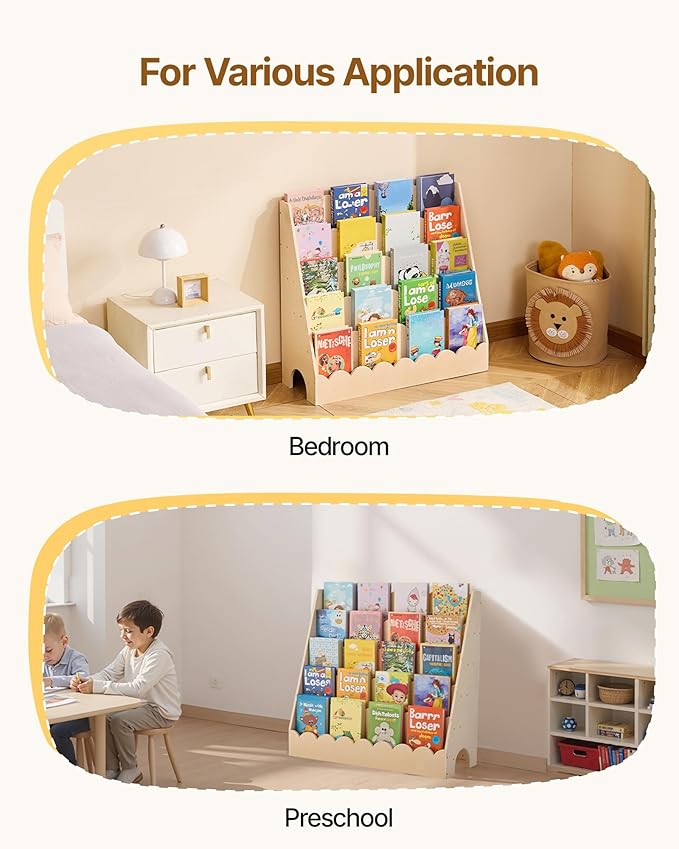 VEVOR 5-Tier Montessori Bookshelf, Scalloped Kids Bookcase, Wooden Book Shelf with 2 Dual Hooks, Daycare Furniture Display Bookshelf for Bedroom, Living Room, Entryway, Nursury, Preschool