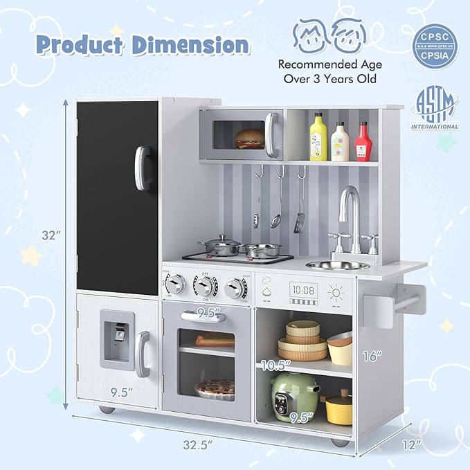 HONEY JOY Kids Kitchen Playset, Wooden Little Chef Pretend Play Kitchen Set w/Chalkboard & Water Dispenser, Lighted Stove, Storage Cabinet, Utensils, Play Kitchen for Toddlers, White + Silver