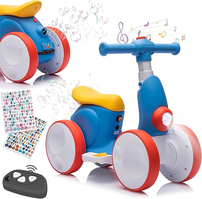 Electric Baby Balance Bike with Bubble Machine for 1 Year Old Boys Girls 4 in 1 Toddler Balance Bike 12-48 Month Kids Bubble Bike Ride Toys First Birthday Gift with Powered Motor,Music,LED Lights