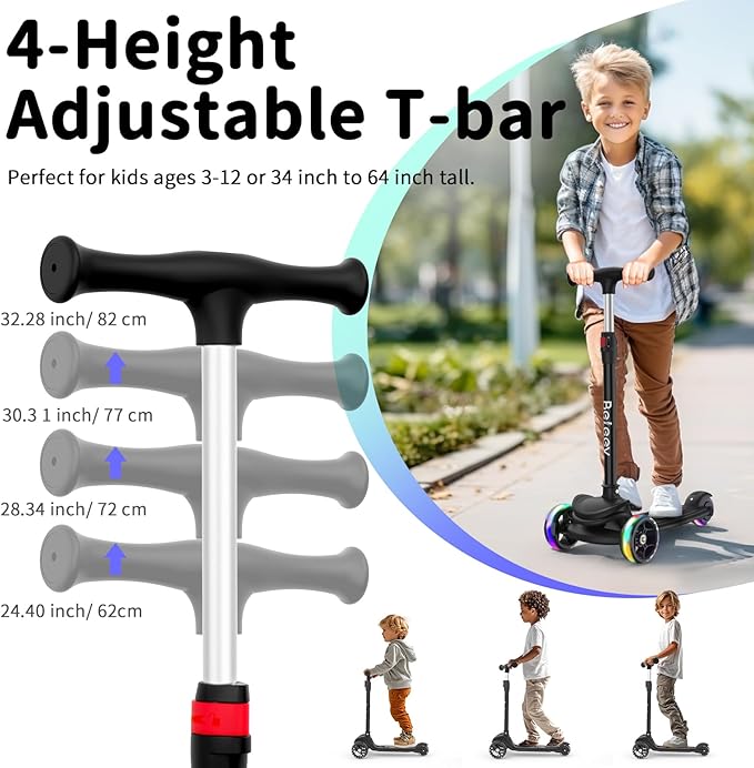 BELEEV A8 Scooter for Kids Ages 3-12, 3 Wheel Folding Scooter for Toddlers Girls Boys, LED Light-Up Wheels, 4 Adjustable Height, Lean to Steer, Extra Wide Wheels, Three Wheel Kick Scooter for Children