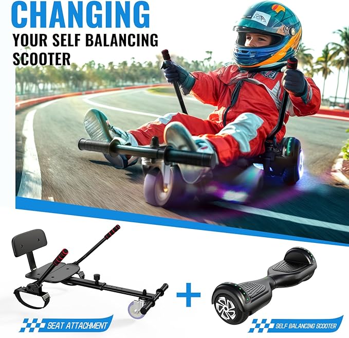 Scooter with Seat Attachment for Kids Adults, 6.5'' 8.5''Balancing Scooter with Bluetooth Speakers & Colorful LED Light with Kart