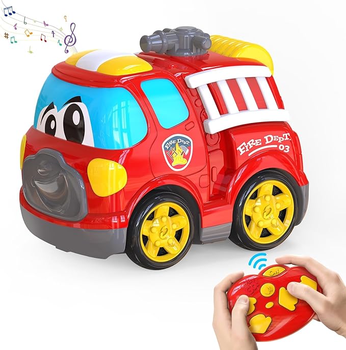 Remote Control Car, 2.4G Cartoon Emergency Vehicle, RC Fire Truck Engine Toys with Lights & Music, Birthday Gifts for Toddlers, Kids, Boys & Girls 1-5 Years Old (Red)