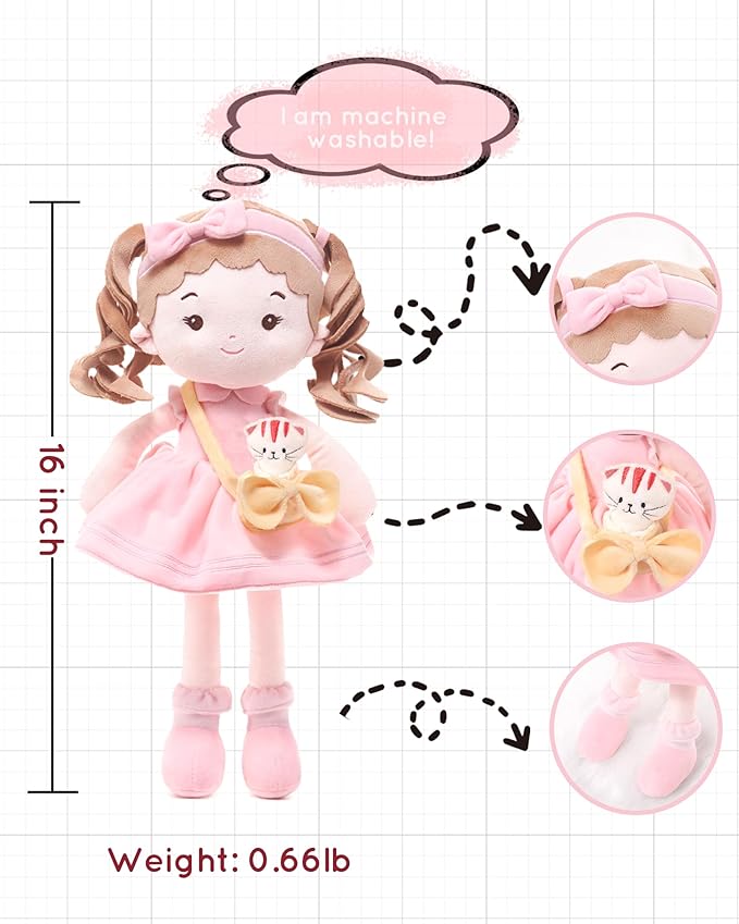 LeyaDoll Soft Baby Doll Toys (16''), My First Baby Rag Doll for 1 Year-Old Girl Birthday Gift, Christmas Plush Toys Gift for Toddler Kids Infants-Daydream-Mia-and-Her-Pet-Cat