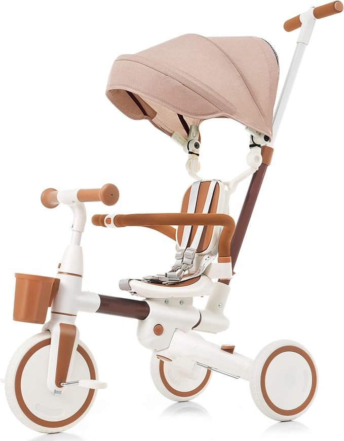 Foldable Kids Tricycle with Adjustable Pedals, Removable Canopy & Cup Holder Safe, Portable Toddler Bike