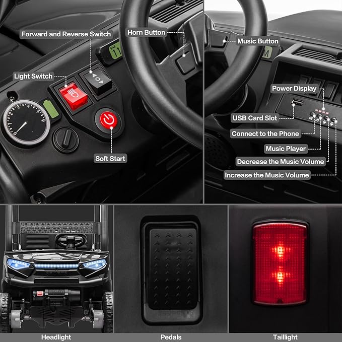 24V 2 Seater Kids Ride on Car, 4WD Golf Cart with Parent Remote Control, 4x4 Motors Ride on Truck with Roof, Toddler Electric Vehicle with Storage Box, Foot Pedal, Music Player, Lights, Horn, Black