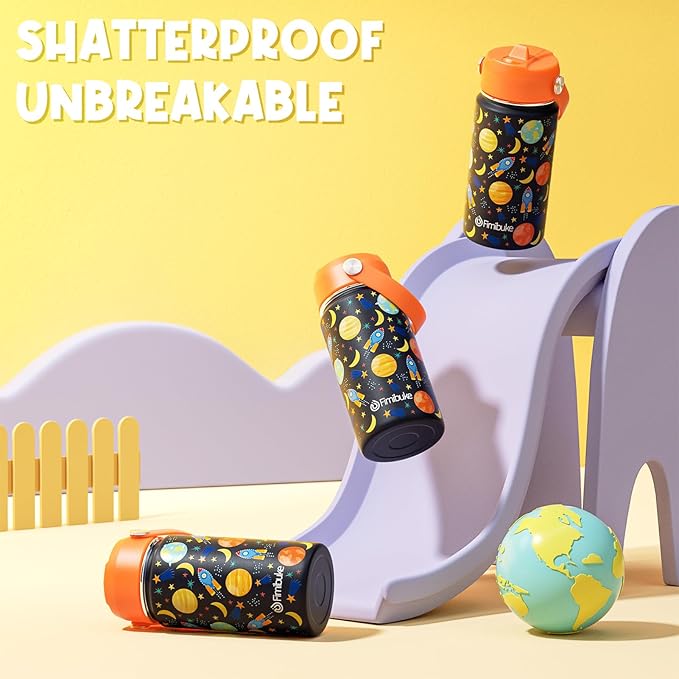 Fimibuke Kids Insulated Water Bottle, 14oz BPA FREE 18/8 Stainless Steel Travel Tumbler Double Wall Vacuum Leak Proof Kids Cup with Straw Metal Water Bottle for School Boys Girls(1 Pack, Space)