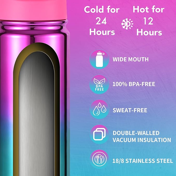 Mininoo Girls Water Bottle for School, 16oz Stainless Steel Insulated Metal Water Bottle with Straw Lid for Boys