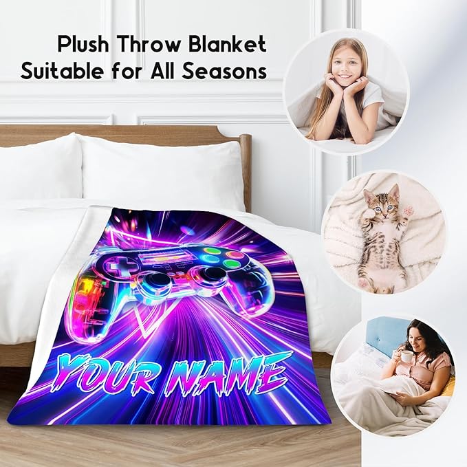 Gaming Blanket for Boys - Personalized Gamer Gifts for Kids, 30"x40" Video Game Throw for Teen Child - Custom Boys Bedroom Decor with Name