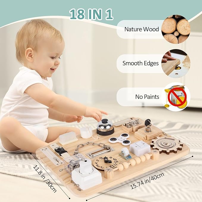 Potatomato Montessori Large Busy Board for 1 2 3 4 Year Old- Wooden Sensory Toys -Fidget Activity Board for Toddlers Boys and Girls- Motor Skills Gifts for ADHD & Autistic Children Kids