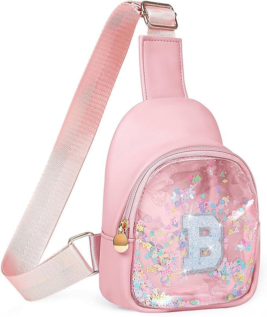 COSHAYSOO Pink Toddler Little Girls Purse 2 3 4 5 6 7 Year Old Kids Sling Bag Initial Crossbody Clear Pouch, Daily Phone Toys Small Stuff Items Things Holder Stylish Outfit Accessories Letter B